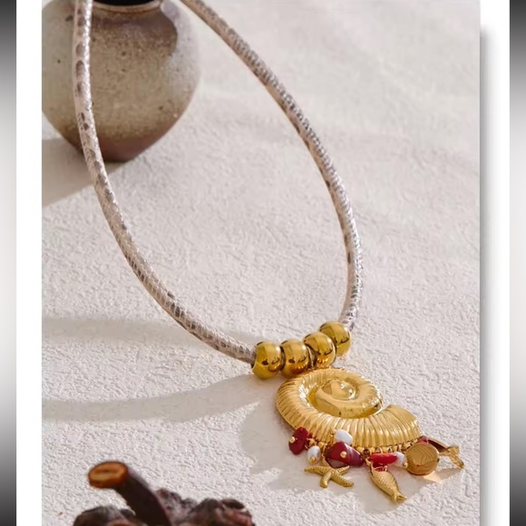 Anthropologie Jewelry - Golden Seashell Pendant Necklace – Nautical Charm with Natural Stone Accents